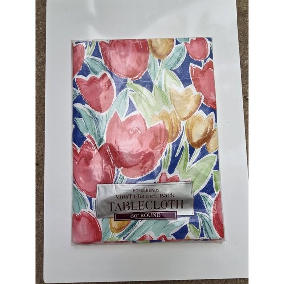 Vintage NEW Home Trends Vinyl‎ Tablecloth Soft Flannel Back Tulips 60" Round - Picture 1 of 6
